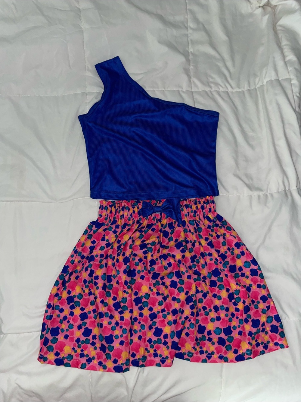 Girls One-Shoulder Royal Blue Top with Pink Floral Skirt outfit set